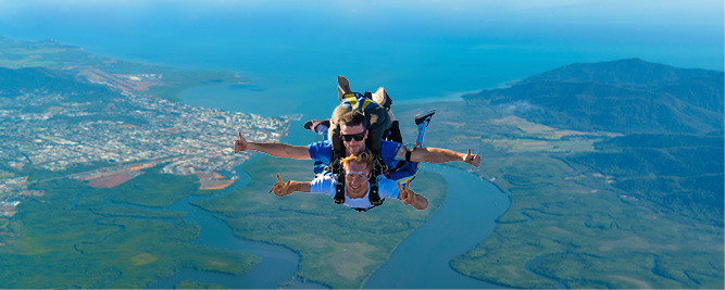 Skydive above Cairns. Skydive Australia. View of Great Barrier Reef and Daintree Rainforest. Cairns Tours